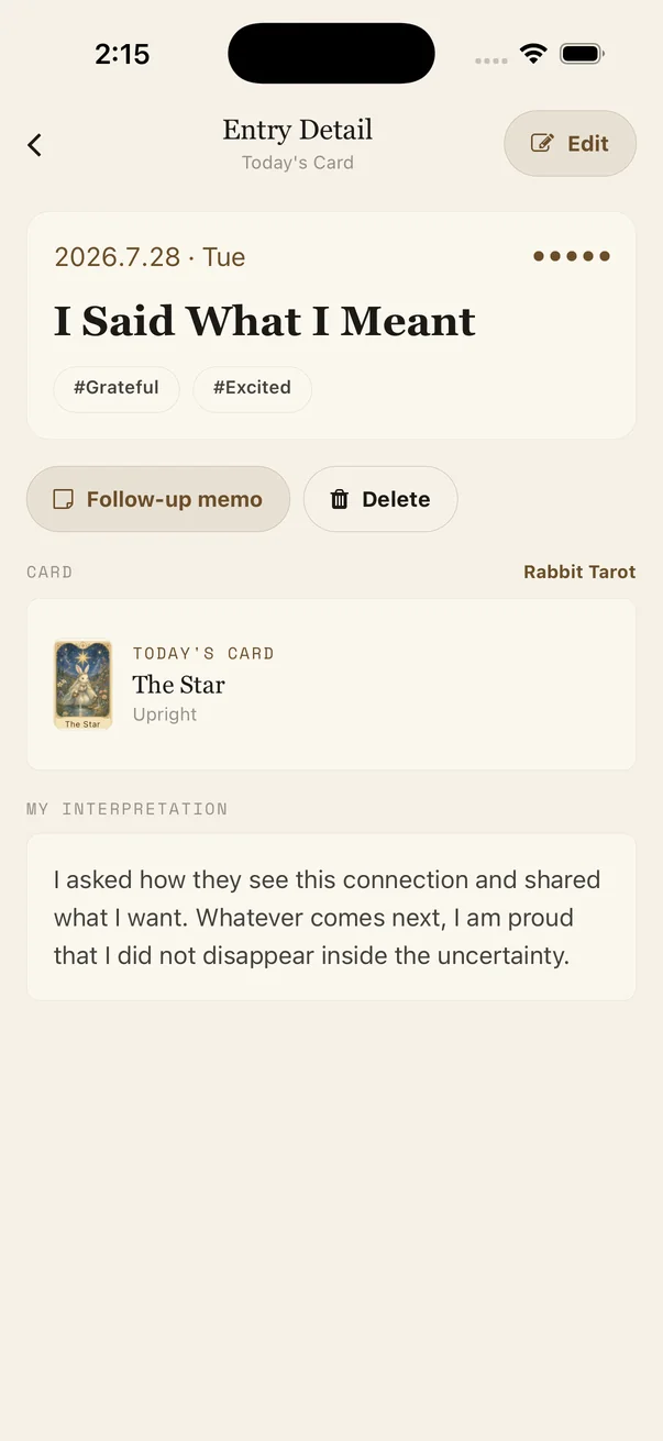 Reviewing a saved Tarot Diary entry