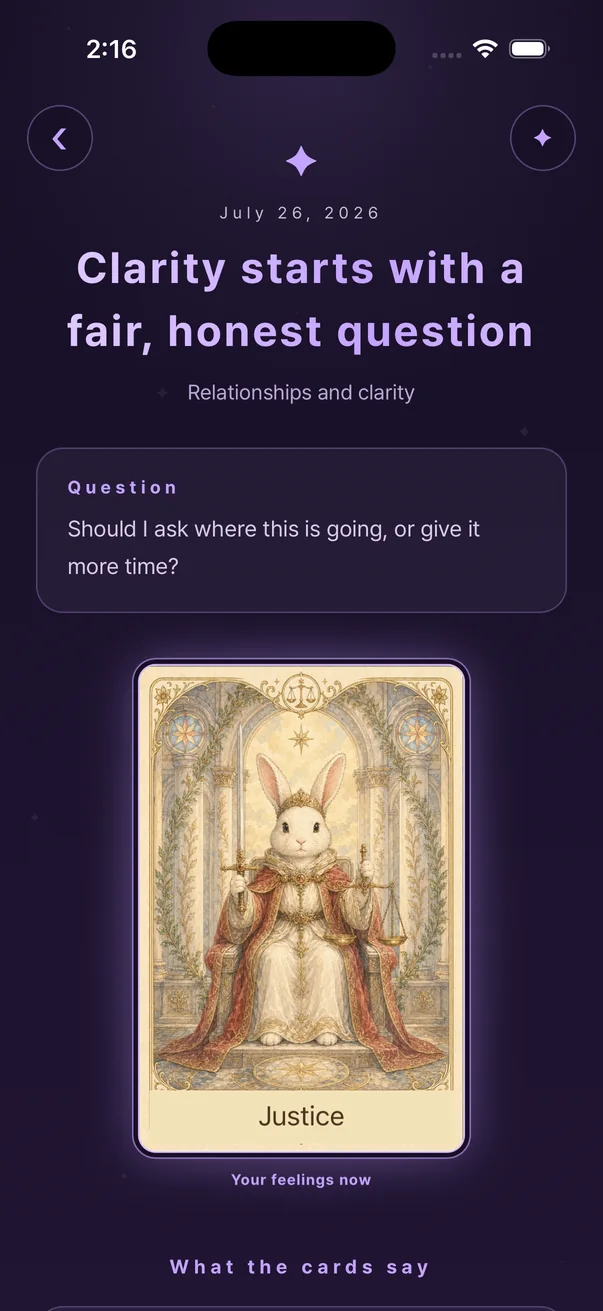 Question Reading result showing the question, selected card, and interpretation