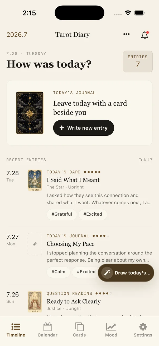 Tarot Diary Timeline with the Draw today's card button