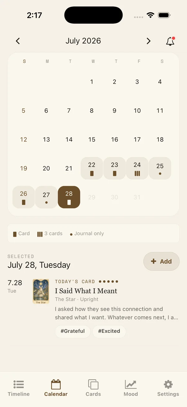 Finding a journal date in Tarot Diary Calendar